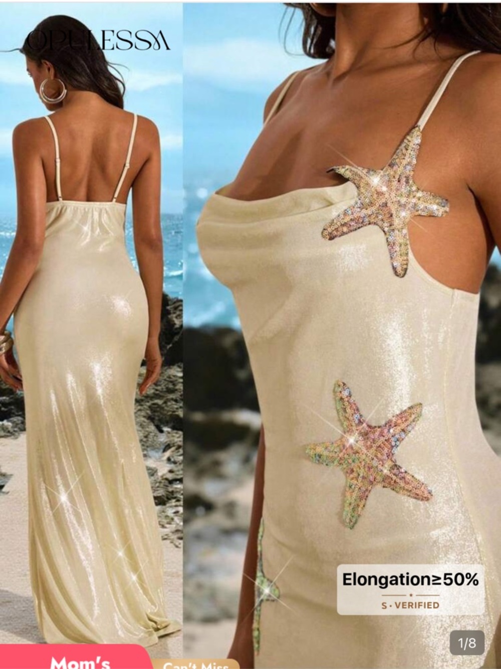 SHEIN Shimmery Cream Slip Dress with Sequin Starfish Appliqués